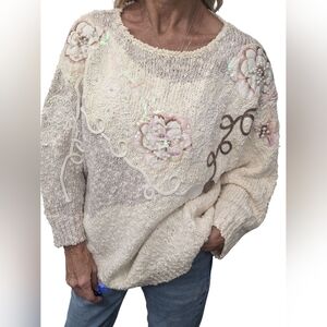 Vintage Persuasions Cream Embellished Sweater Top Floral Beaded Pullover